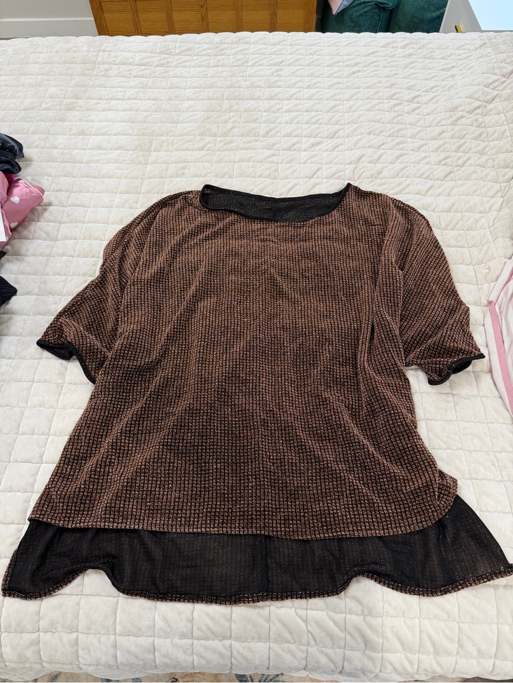 SHEIN metallic Short-Sleeve Textured Tunic with Sheer Trim